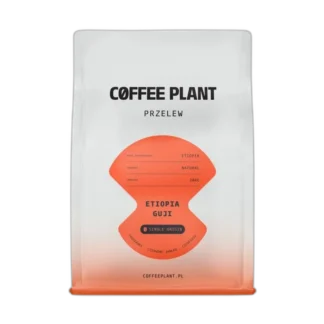 Opakowanie kawy ziarnistej Coffee Plant Etiopia Guji 250 g do przelewu, w biało-pomarańczowym designie, dostępne w sklepie z kawą